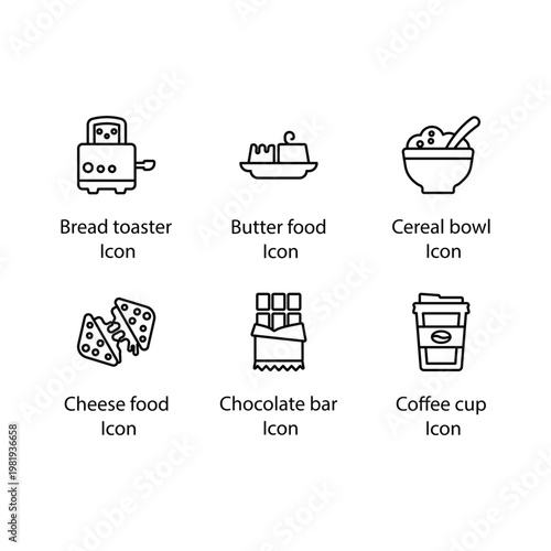 Bread toaster, Butter food, Cereal bowl, Cheese food, Chocolate bar, Coffee cup, icon