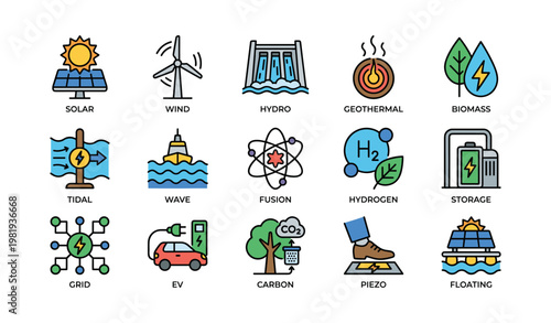 Renewable energy icons featuring solar, wind, hydro, geothermal, and more