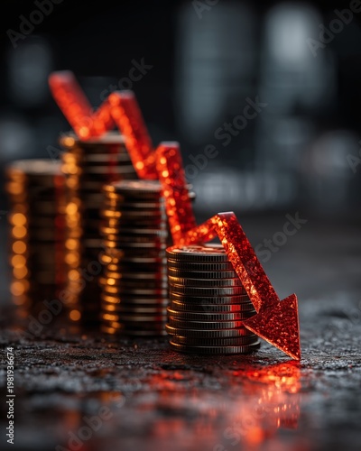Red arrow falling over stacks of gold coins for financial crash concept