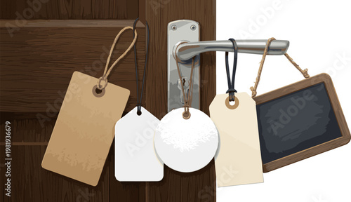 Create a realistic kinds of deferent Blank sign on the door handle vector art with white background..