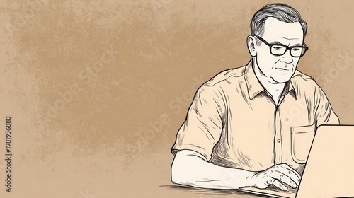 Illustration of a man with glasses intently working on a laptop. Brown background