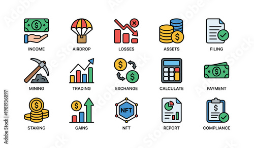 Financial icons set: income, airdrop, losses, assets, filing, nft, trading
