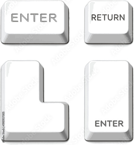 Create a realistic kinds of deferent Blank white key - enter vector art with white background.