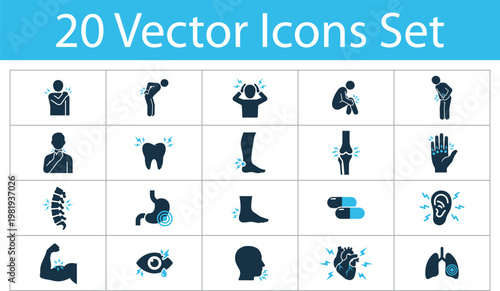 Vector icons set of 20 body parts with pain or injury