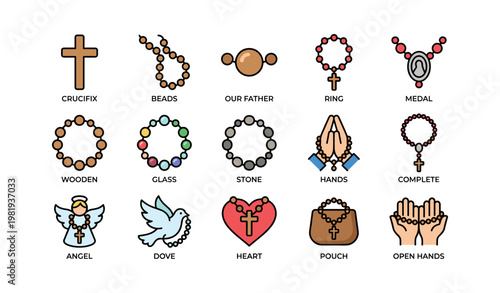 Religious icons collection: crucifix, rosary beads, hands, dove, heart, pouch, angel, wood, glass, stone