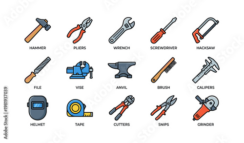 Set of diverse hand tools with hammer, wrench, screwdriver, and more
