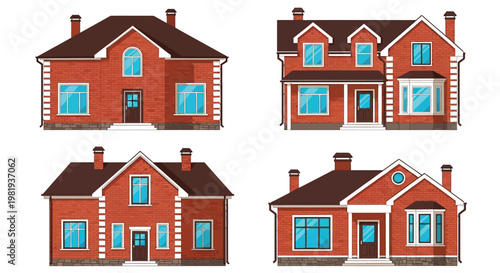 Four distinct illustrations of classic suburban red brick houses showing different architectural styles and roof design layouts