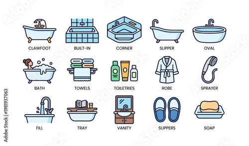 Bathtub and bathroom accessories icons: clawfoot, towels, toiletries, corner, vanity, slippers