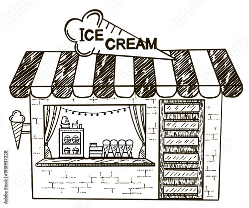 Hand drawn illustration of a small ice cream shop with awning and display. Sketch representing dessert store, street food, and sweet business concept. Small business