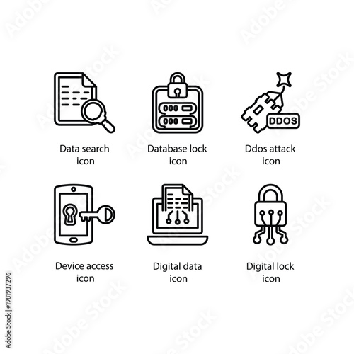 Data search, Database lock, Ddos attack, Device access, Digital data, Digital lock, icon