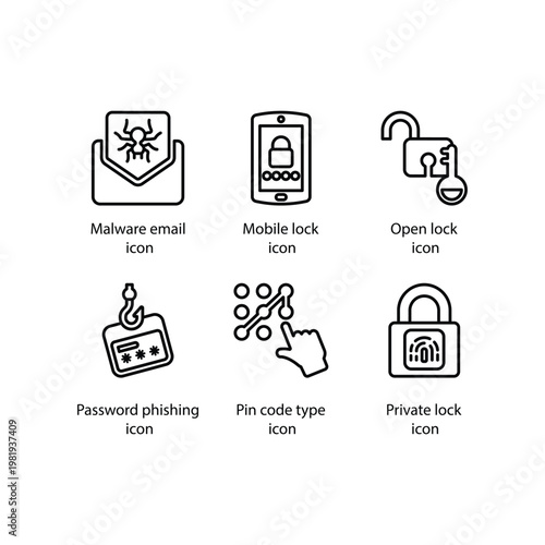Malware email, Mobile lock, Open lock, Password phishing, Pin code type, Private lock, icon