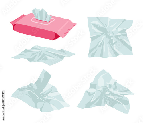 Napkin Box. Tissue box white tissue. Facial tissue holder. The crumpled napkin lies. Trash in flat illustration. Used napkin or crumpled paper. Cold or flu seasonal