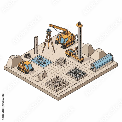 Isometric illustration of construction site with heavy machinery and surveying equipment.