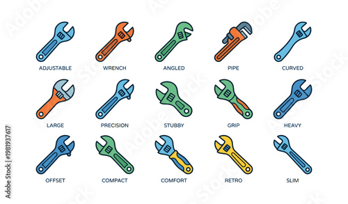 Variety of wrenches: adjustable, pipe, curved, and more illustrated tools