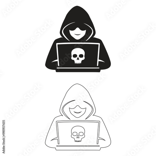 hacker icons with skull on laptop.