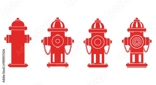 A collection of red fire hydrant vector illustrations showcasing various designs for urban infrastructure and emergency services graphic design.
