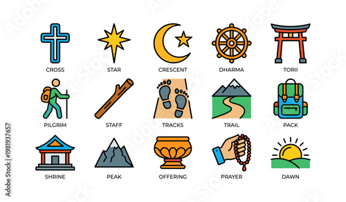 Symbols of faith and travel including cross, crescent, and pilgrim icons