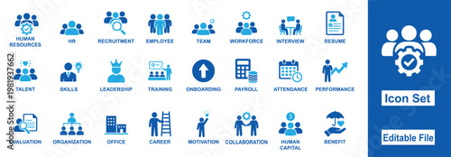 Human resources and business management icon set representing various aspects of HR, teamwork, and employee development.
