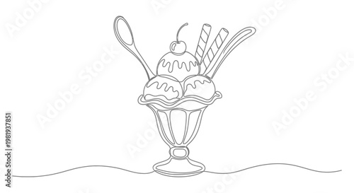 One continuous line art vector illustration depicting a delightful ice cream sundae in a classic glass.