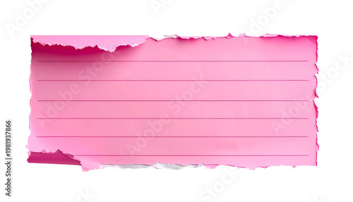 Pink lined paper with torn edges isolated against black background, horizontal orientation