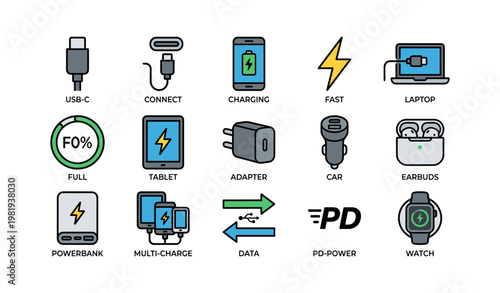 Electronic device charging and connectivity icons set with usb-c technology