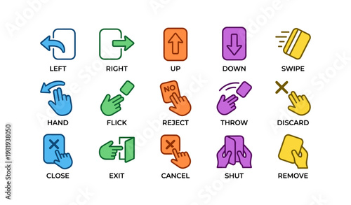 Colorful icons representing various hand gestures and actions