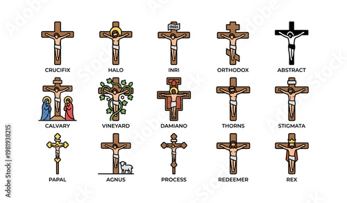 Collection of crucifix designs featuring vineyards and religious symbols