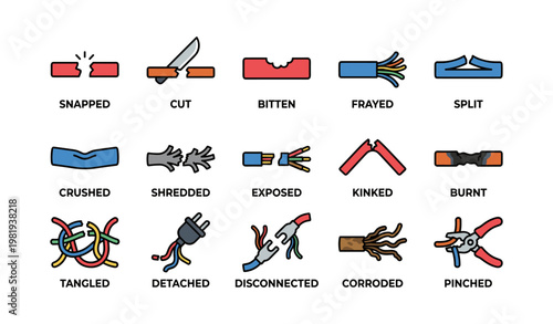 Illustrated icons of damaged and severed objects depicting various forms of breakage