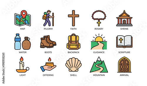 Pilgrimage icons set with map, pilgrim, faith symbol, rosary, shrine, hiking gear, and sacred elements