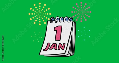 Digitally generated image of 1st jan calendar icon against fireworks icons on black background