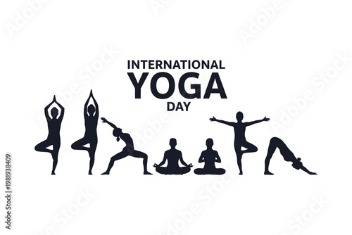 International yoga day illustration silhouettes of people in various yoga poses