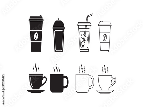Variety of coffee drinks and cups a hand drawn black and white illustration
