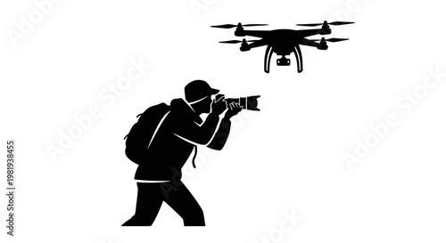 Man taking photo with drone above.
