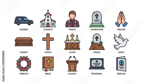 Funeral symbols and objects including church, priest, tombstone, and more