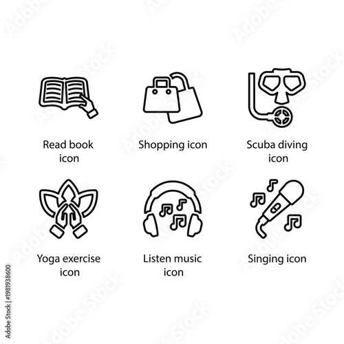Read book, Shopping, Scuba diving, Yoga exercise, listen music, Singing, icon
