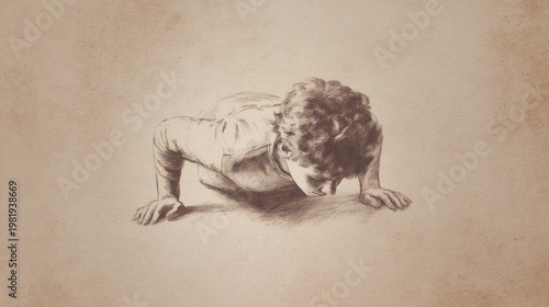 Sepia toned drawing of a person doing push-ups on a textured surface