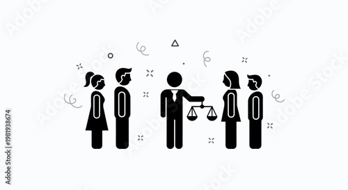 Justice scale with lawyer and judge.