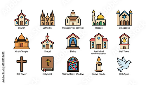 Religious buildings and symbols icons set including church, mosque, synagogue, and more