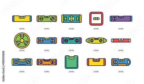 Colorful set of cartoon spirit levels in various designs and styles