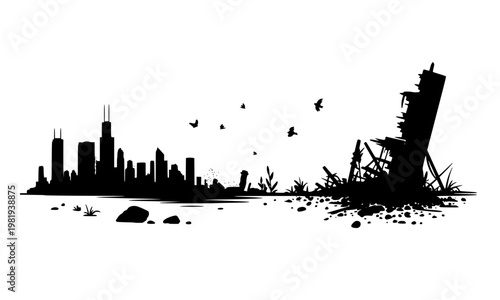 Black silhouette of a destroyed city skyline with crumbling buildings, rubble, and flying birds on white background, ideal for war, apocalypse, disaster, and urban destruction concepts