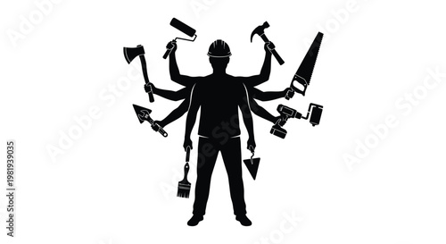 Professional multi-skilled worker or handyman silhouette holding various construction and home improvement tools illustration.