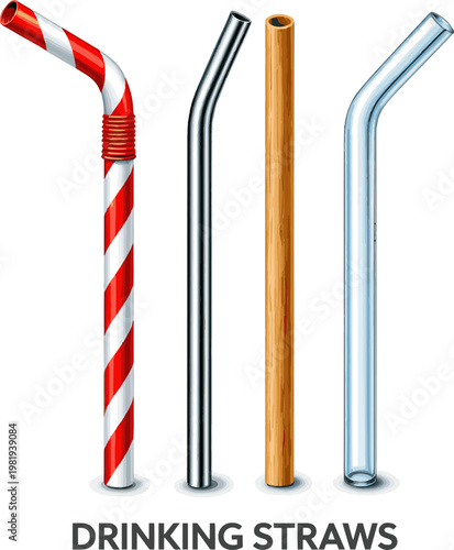 Create a realistic kinds of deferent Drinking straw vector art with white background.