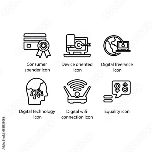 Consumer spender, Device oriented, freelance, Digital technology, wifi connection, Equality, icon