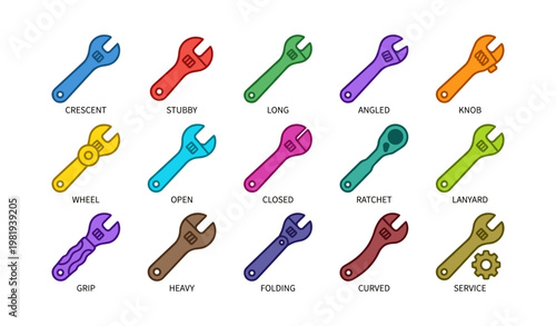 Colorful assorted wrenches and tools collection on white background