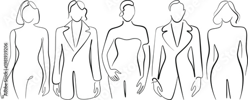 Elegant fashion models posing in stylish outfits depicted through sophisticated single line drawings for modern style