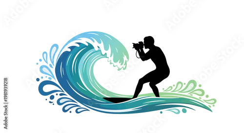 Photographer on surfboard riding wave.
