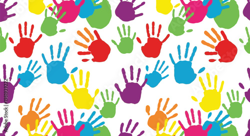 A vibrant and playful seamless pattern of colorful children's handprints on a light yellow background representing diversity and unity.