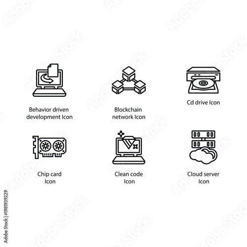 Behaviour driven development, Blockchain network, Cd drive, Chip card, clean code, Cloud server, icon