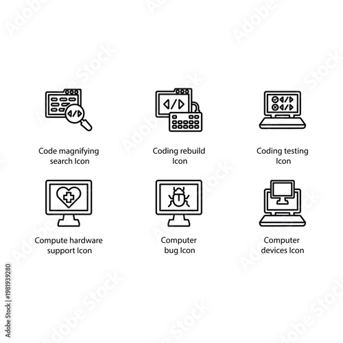 Code search, Code rebuilds, Code testing, Hardware support, Computer bug, Computer devices, icon