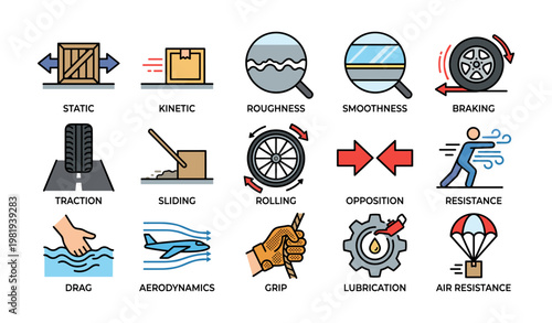 Physics symbols: motion, friction, and force concepts illustrated